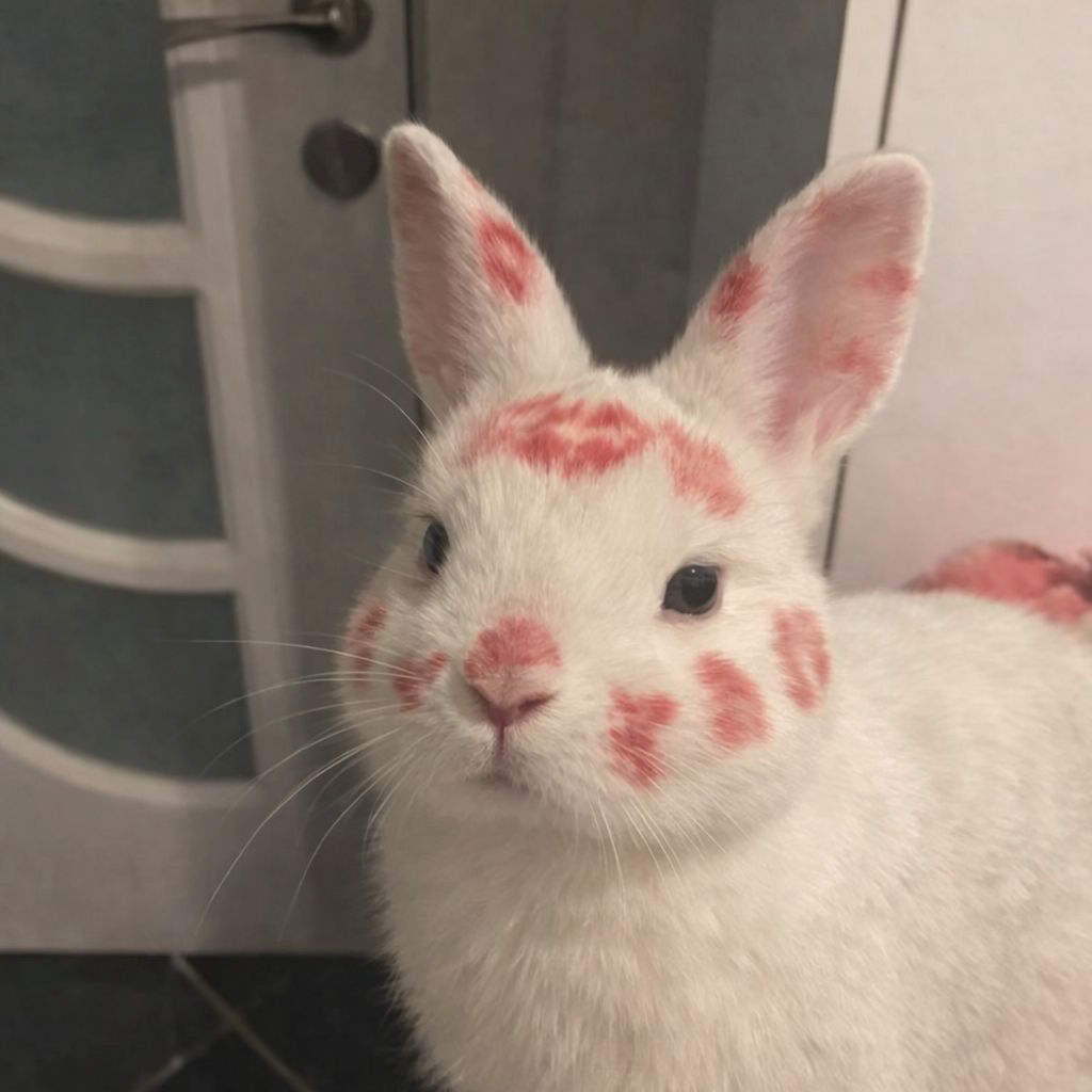 a photo of a white bunny covered in red lipstick marks implying a girl was kissing them a lot on their head